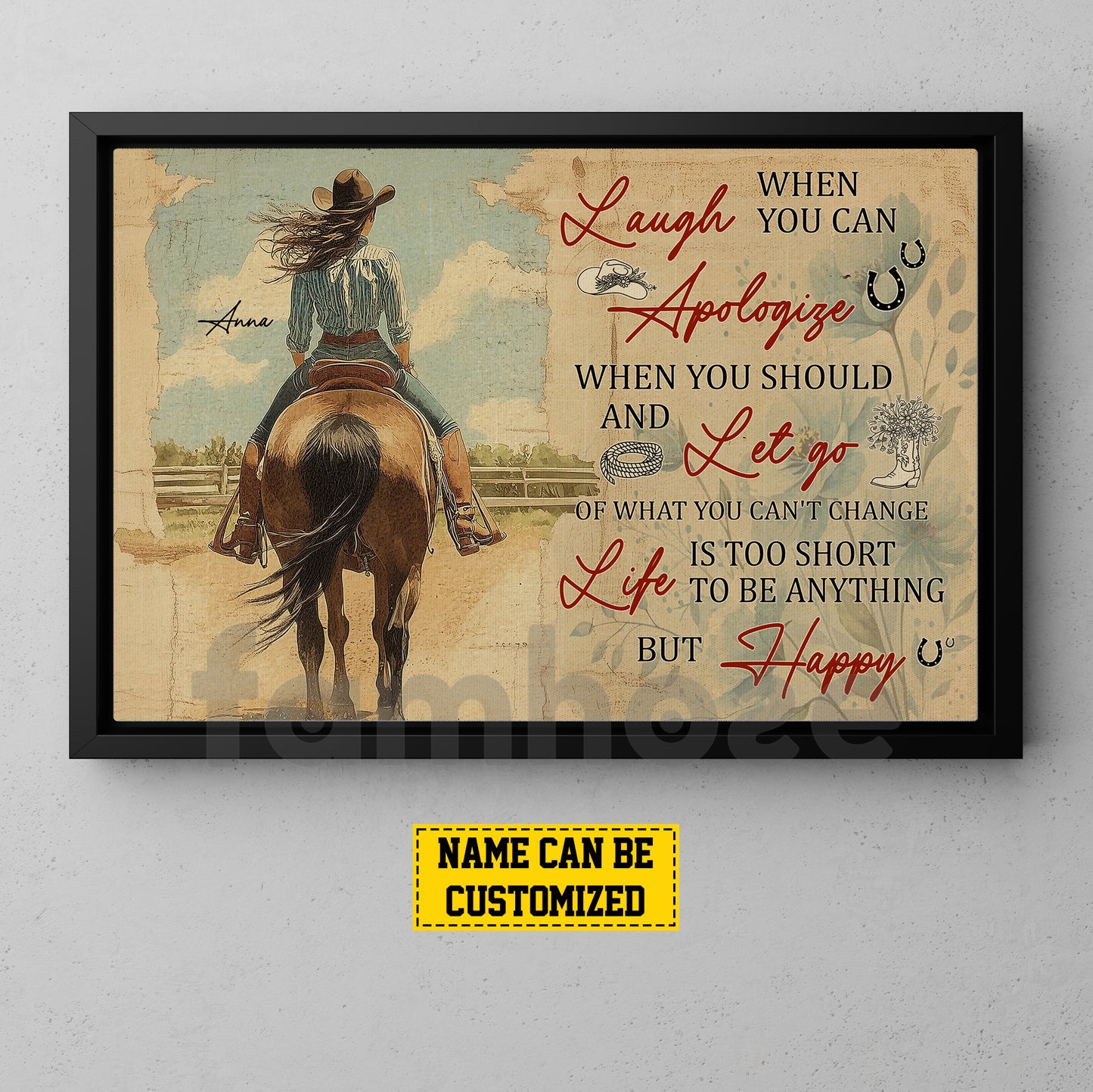 Motivational Personalized Cowgirl Canvas Painting, Laugh When You Can Wall Art Decor, Poster Gift For Cowgirl