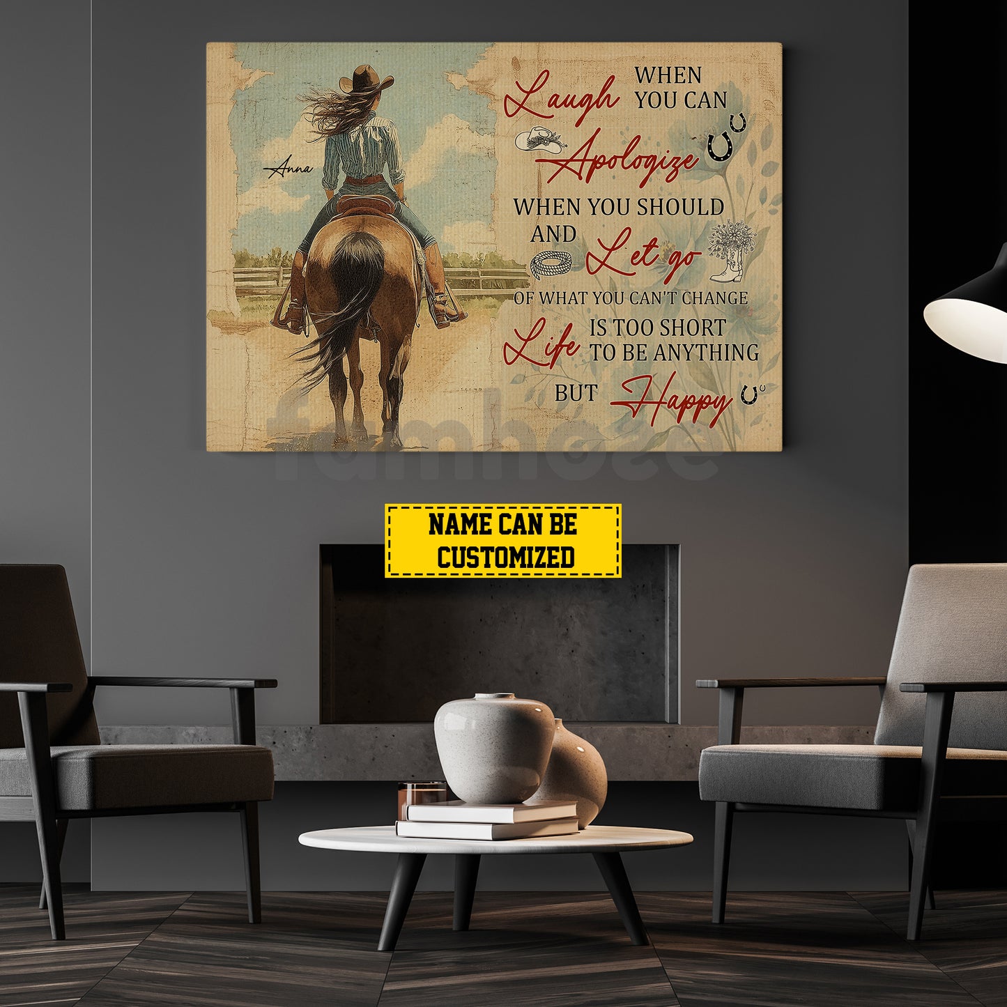 Motivational Personalized Cowgirl Canvas Painting, Laugh When You Can Wall Art Decor, Poster Gift For Cowgirl