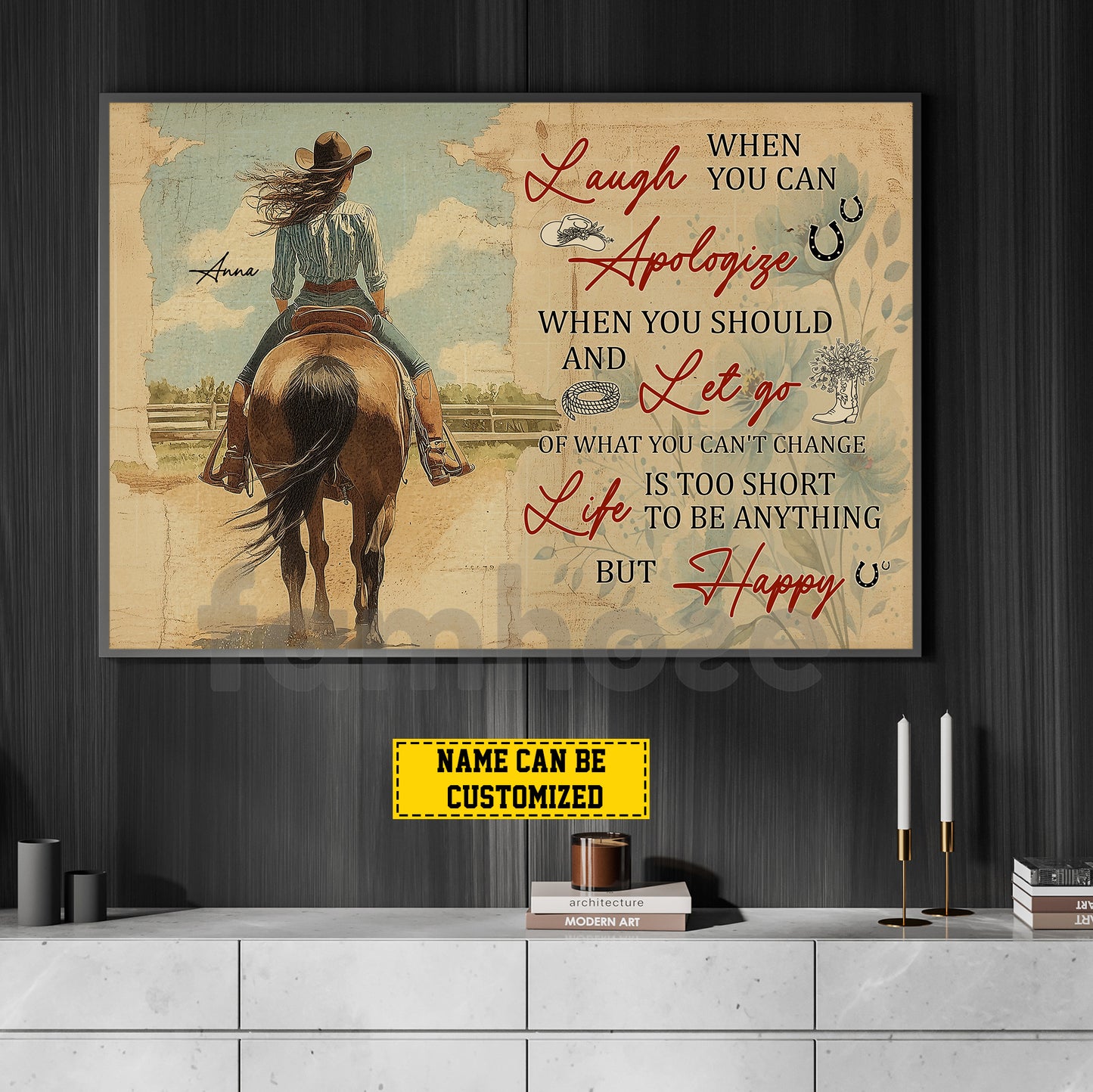 Motivational Personalized Cowgirl Canvas Painting, Laugh When You Can Wall Art Decor, Poster Gift For Cowgirl