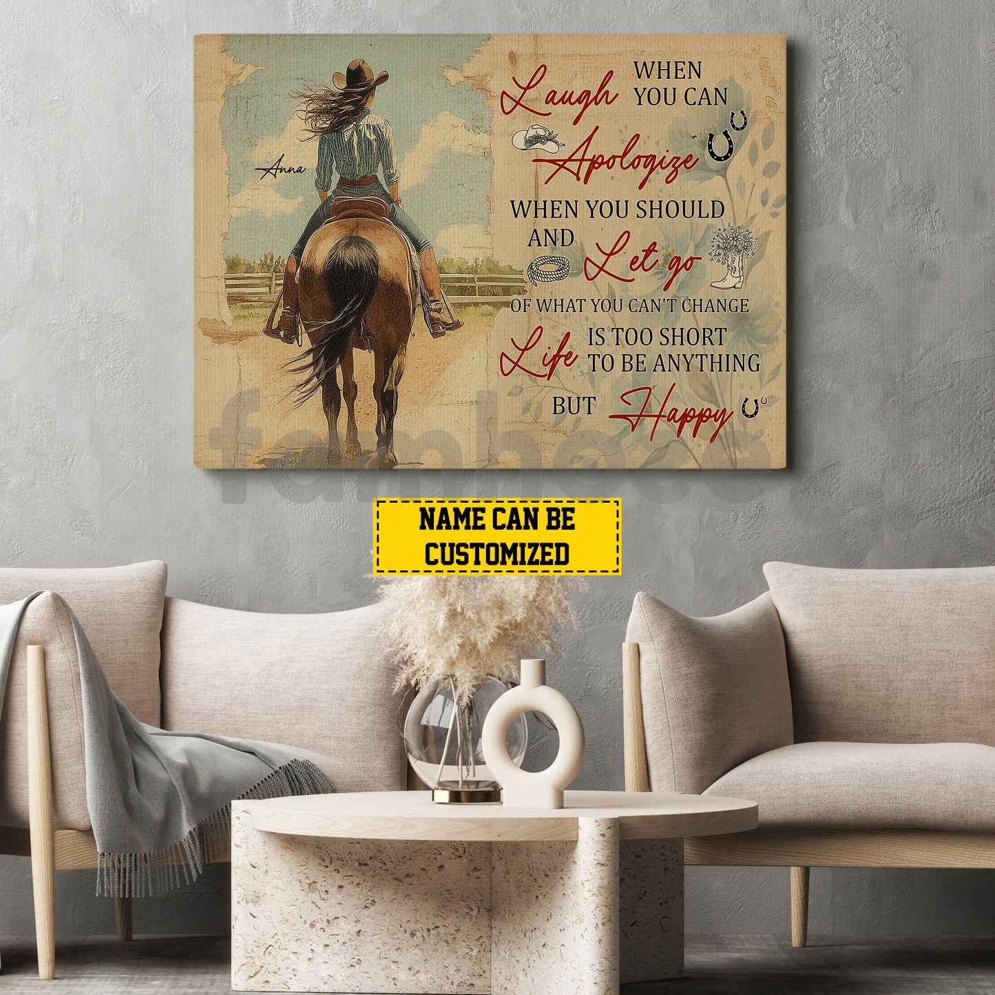 Motivational Personalized Cowgirl Canvas Painting, Laugh When You Can Wall Art Decor, Poster Gift For Cowgirl