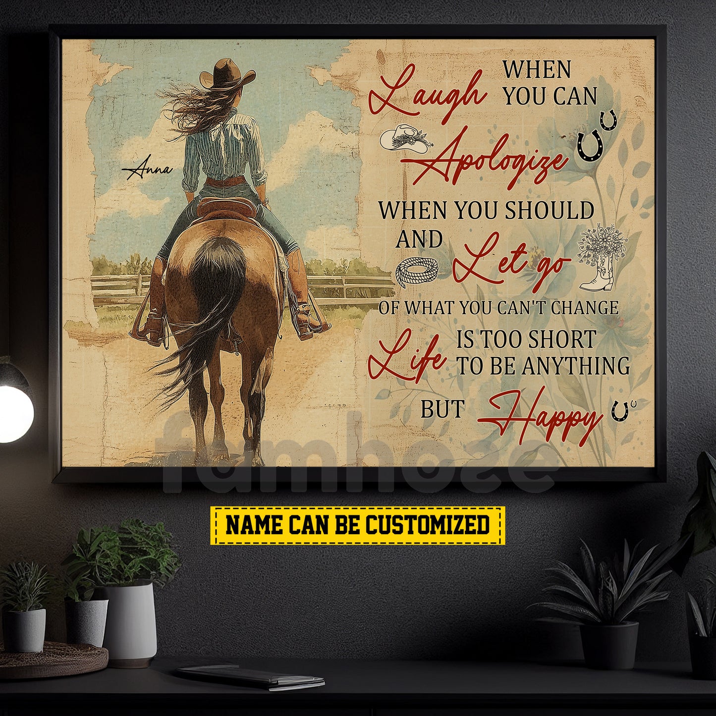 Motivational Personalized Cowgirl Canvas Painting, Laugh When You Can Wall Art Decor, Poster Gift For Cowgirl