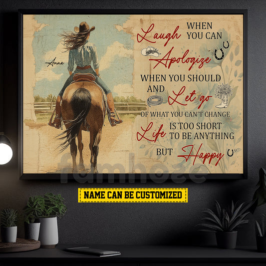 Motivational Personalized Cowgirl Canvas Painting, Laugh When You Can Wall Art Decor, Poster Gift For Cowgirl