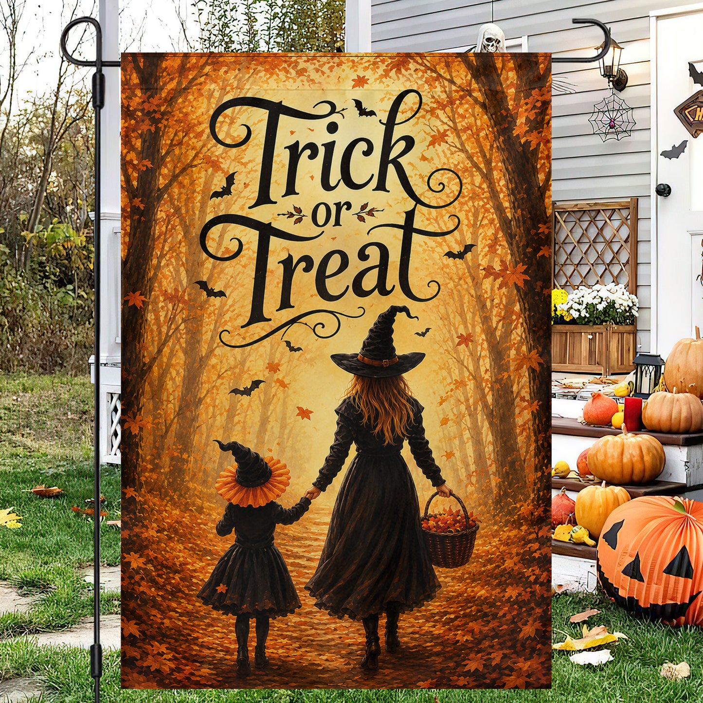Halloween Witch Mom And Daughter Garden & House Flag, Trick Or Treat Yard Flag Spooky Season Gift For Witch Lover