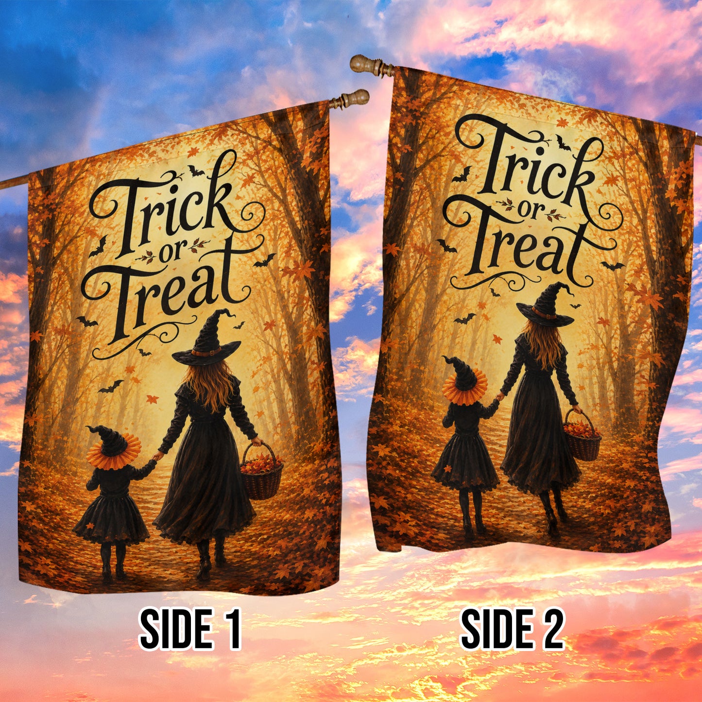 Halloween Witch Mom And Daughter Garden & House Flag, Trick Or Treat Yard Flag Spooky Season Gift For Witch Lover