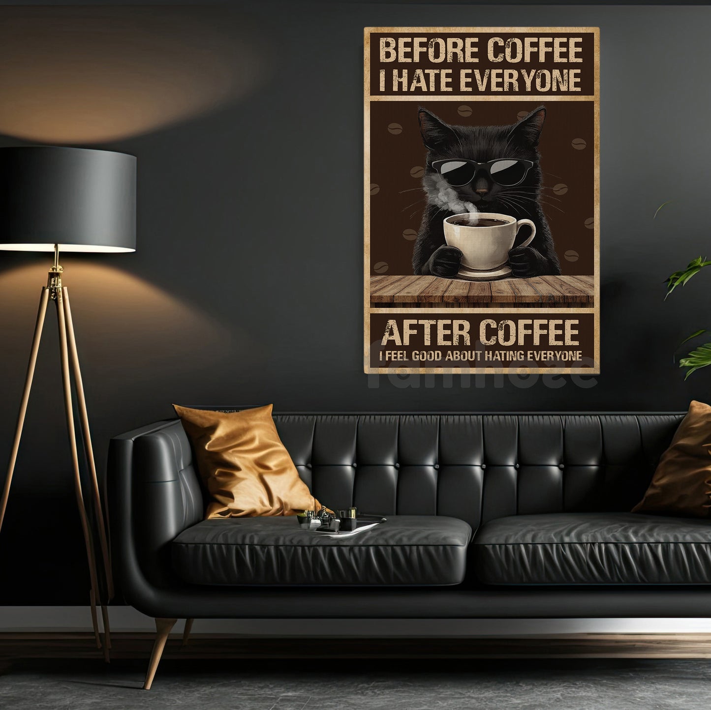 Funny Coffee Cat Canvas Painting, Before Coffee I Hate Everyone Wall Art Decor, Poster Gift For Cat Lovers, Coffee Lovers