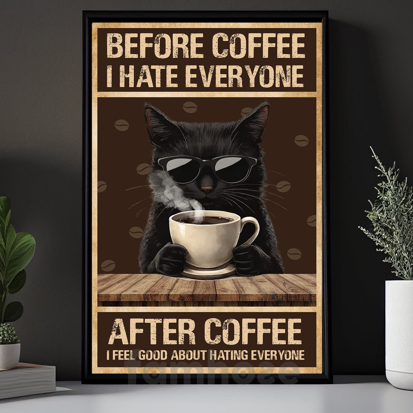 Funny Coffee Cat Canvas Painting, Before Coffee I Hate Everyone Wall Art Decor, Poster Gift For Cat Lovers, Coffee Lovers
