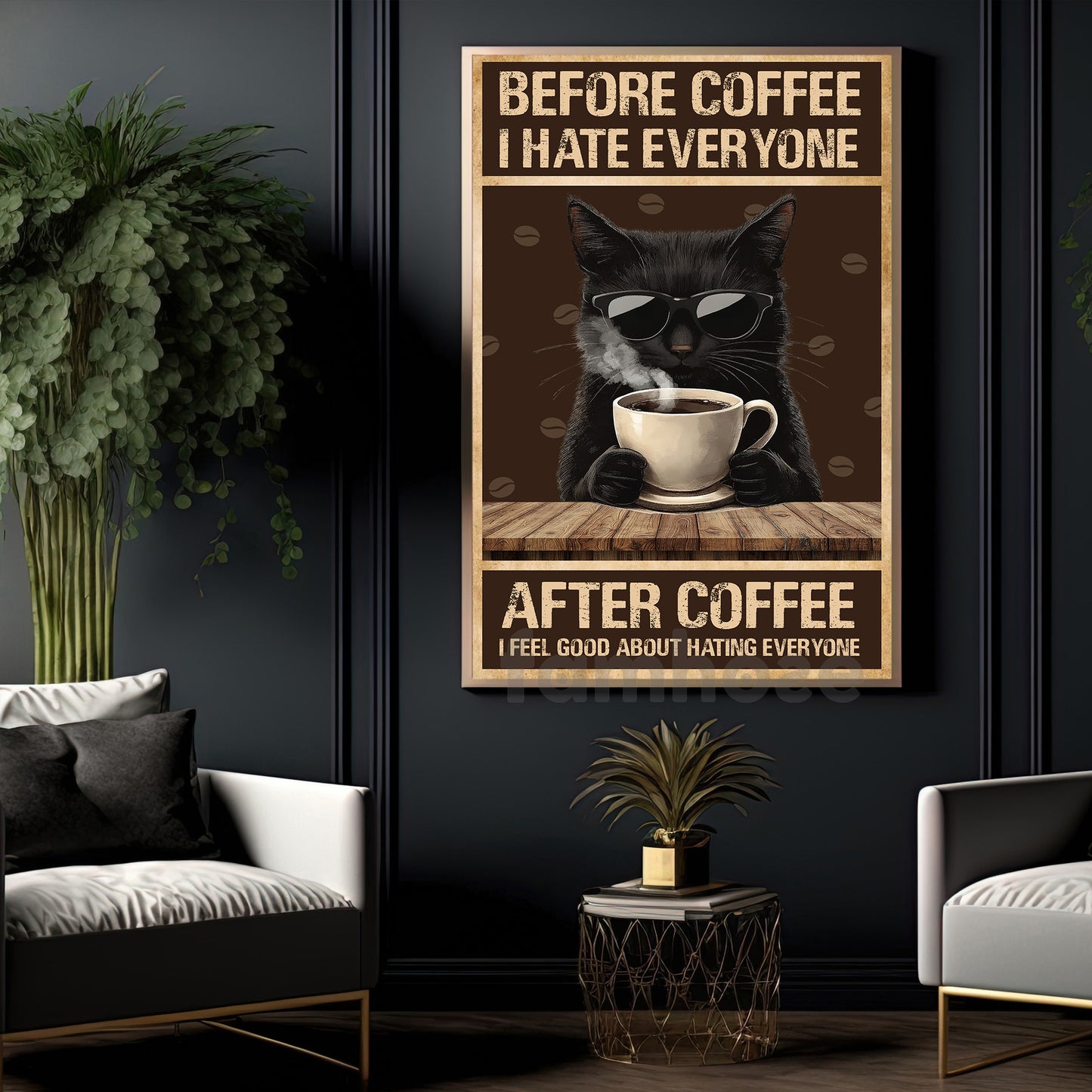 Funny Coffee Cat Canvas Painting, Before Coffee I Hate Everyone Wall Art Decor, Poster Gift For Cat Lovers, Coffee Lovers
