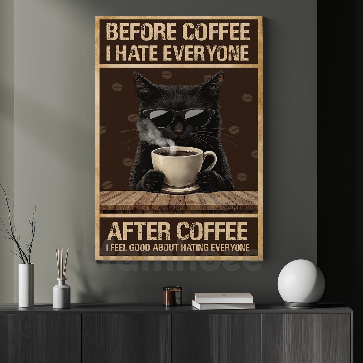 Funny Coffee Cat Canvas Painting, Before Coffee I Hate Everyone Wall Art Decor, Poster Gift For Cat Lovers, Coffee Lovers