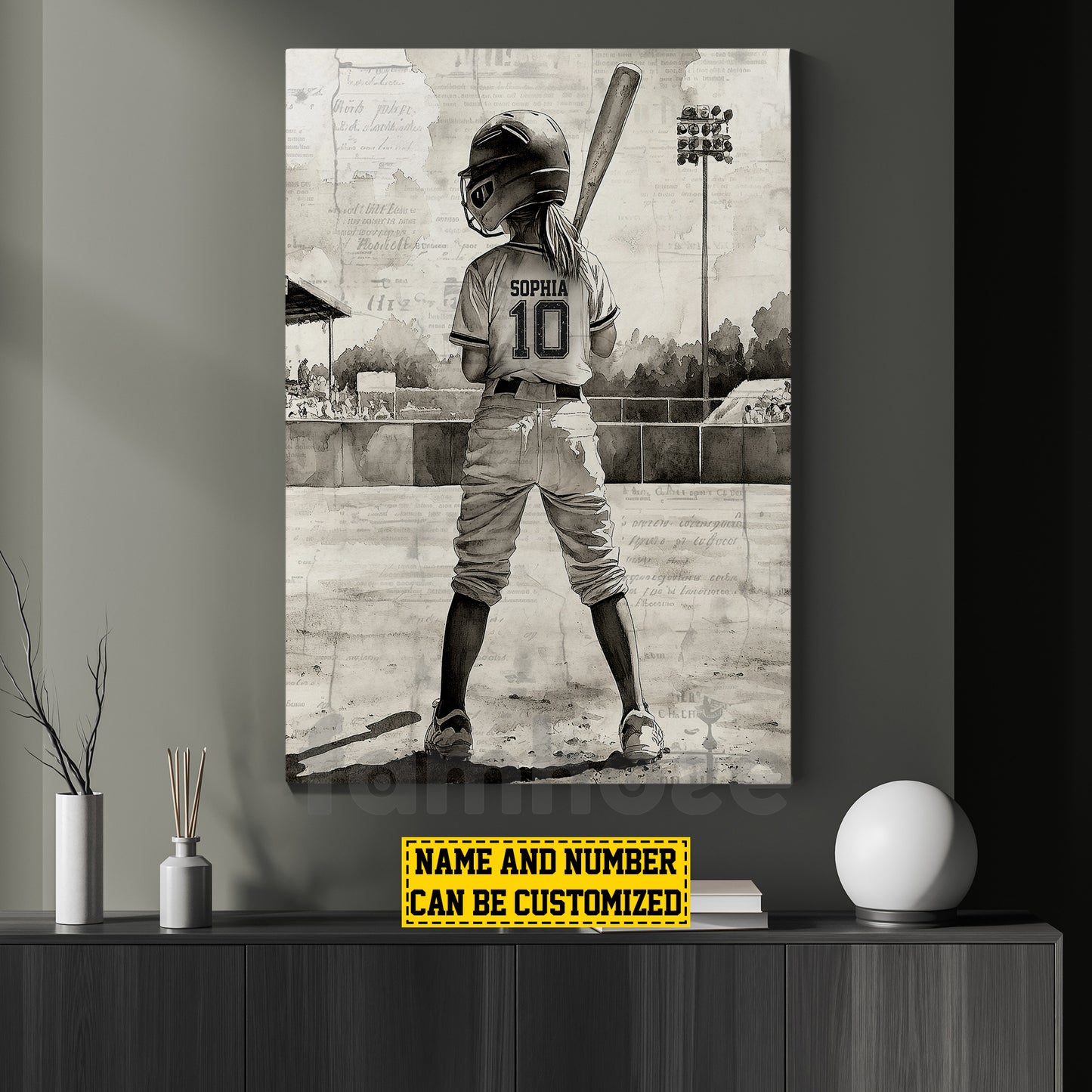 Personalized Softball Kid Girl Canvas Painting, Step Up To The Plate Sport Wall Art Decor, Poster Gift For Softball Lovers