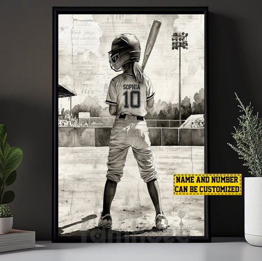 Personalized Softball Kid Girl Canvas Painting, Step Up To The Plate Sport Wall Art Decor, Poster Gift For Softball Lovers