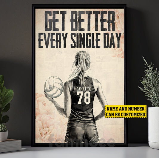 Motivational Personalized Volleyball Girl Canvas Painting, Be Better Every Single Day Sport Wall Art Decor, Poster Gift For Volleyball Lovers