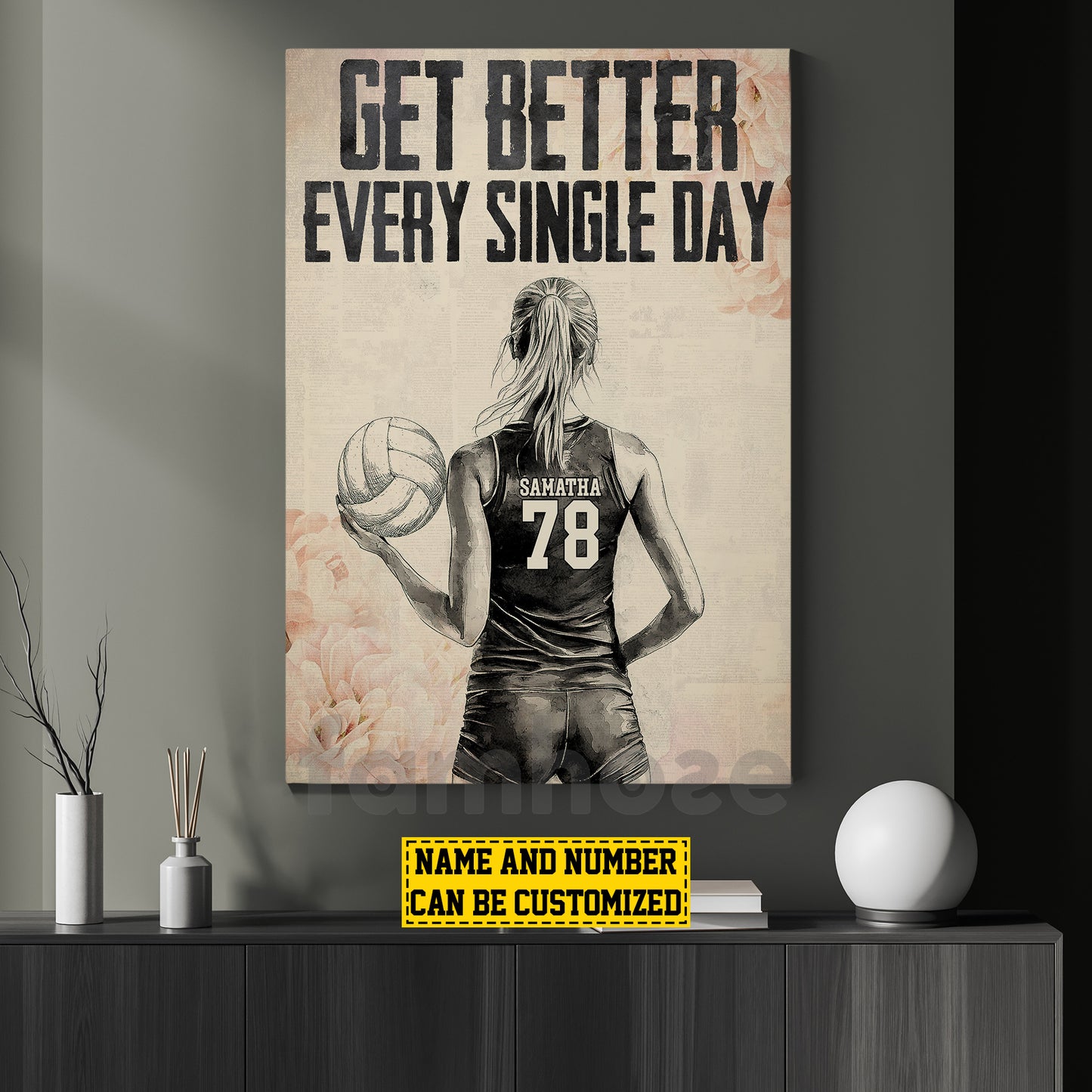 Motivational Personalized Volleyball Girl Canvas Painting, Be Better Every Single Day Sport Wall Art Decor, Poster Gift For Volleyball Lovers