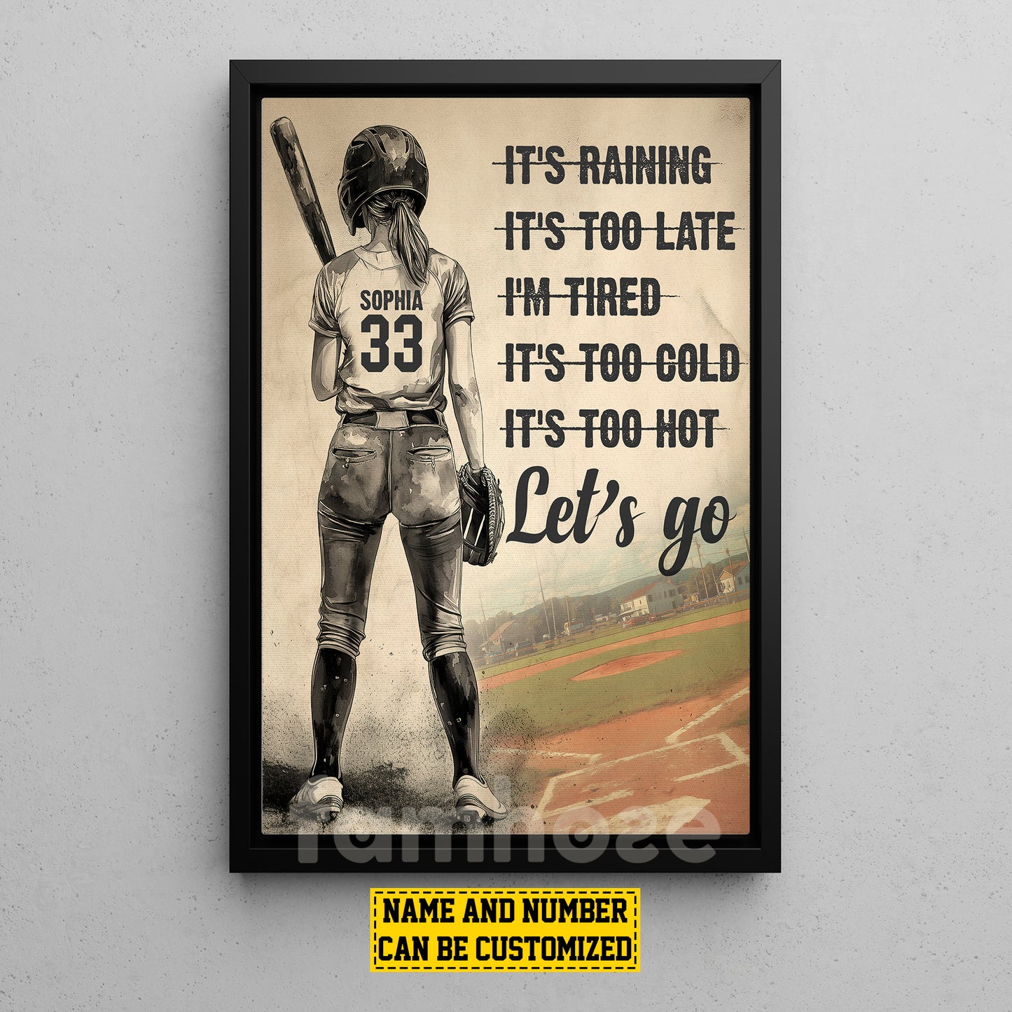Motivational Personalized Softball Woman Canvas Painting, Let's Go Sport Wall Art Decor, Poster Gift For Softball Lovers