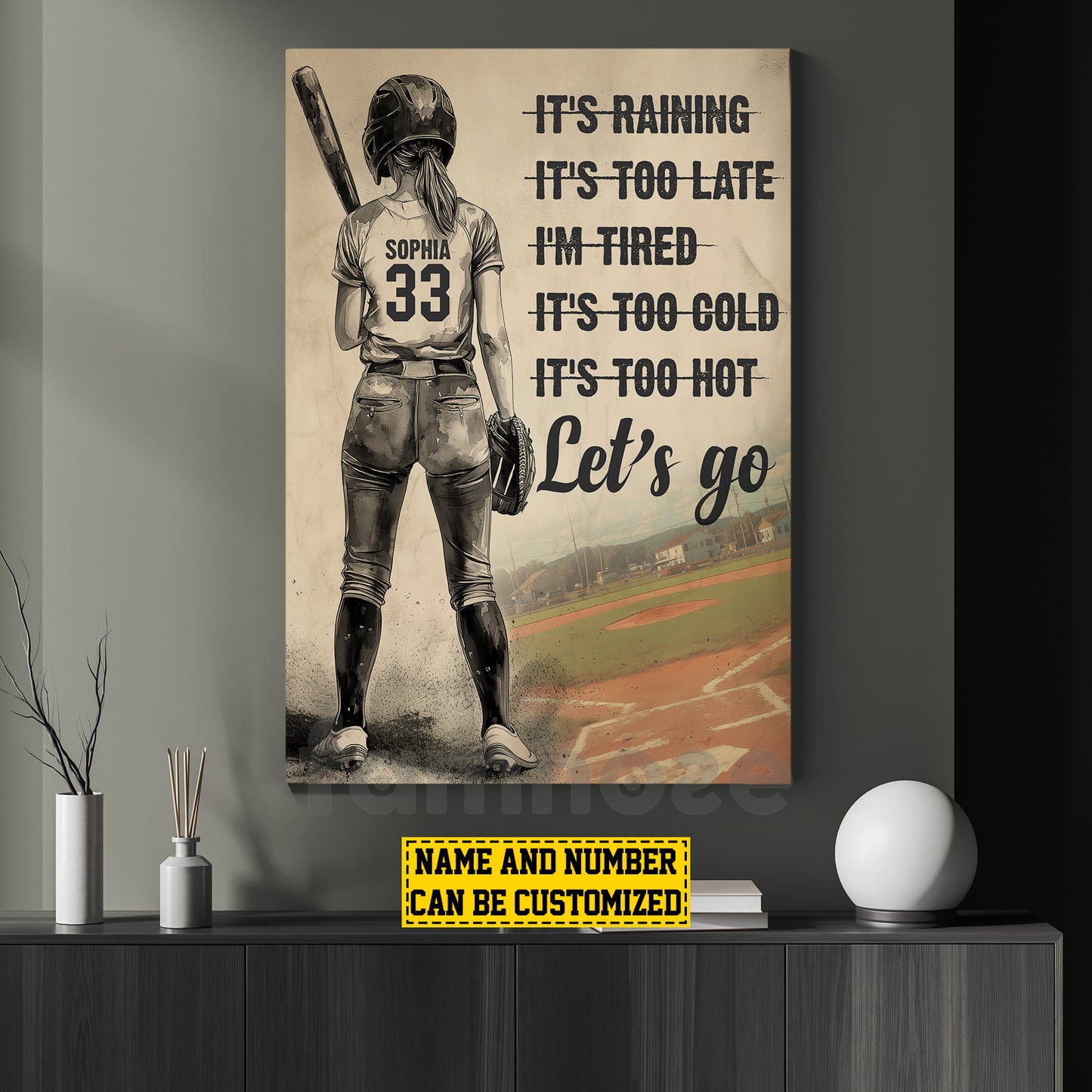 Motivational Personalized Softball Woman Canvas Painting, Let's Go Sport Wall Art Decor, Poster Gift For Softball Lovers
