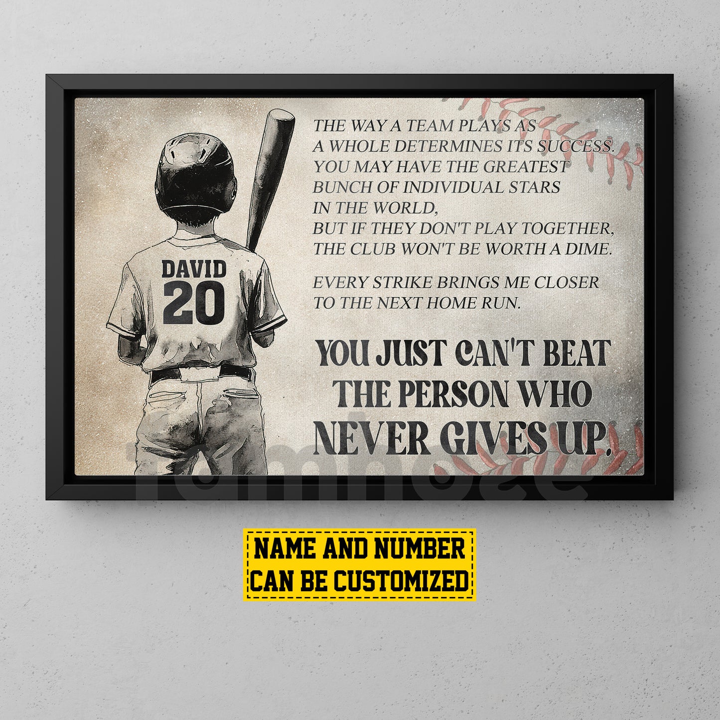 Motivational Personalized Baseball Boy Canvas Painting, The Person Who Never Gives Up Sport Wall Art Decor, Poster Gift For Baseball Lovers
