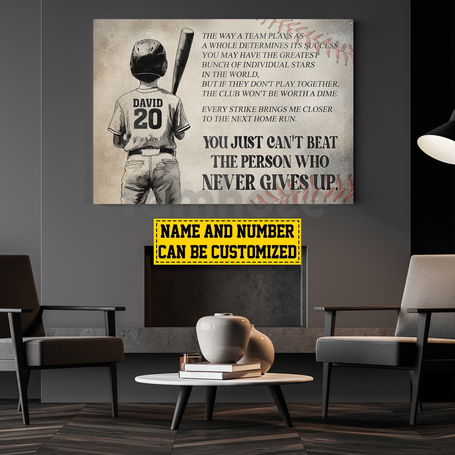 Motivational Personalized Baseball Boy Canvas Painting, The Person Who Never Gives Up Sport Wall Art Decor, Poster Gift For Baseball Lovers