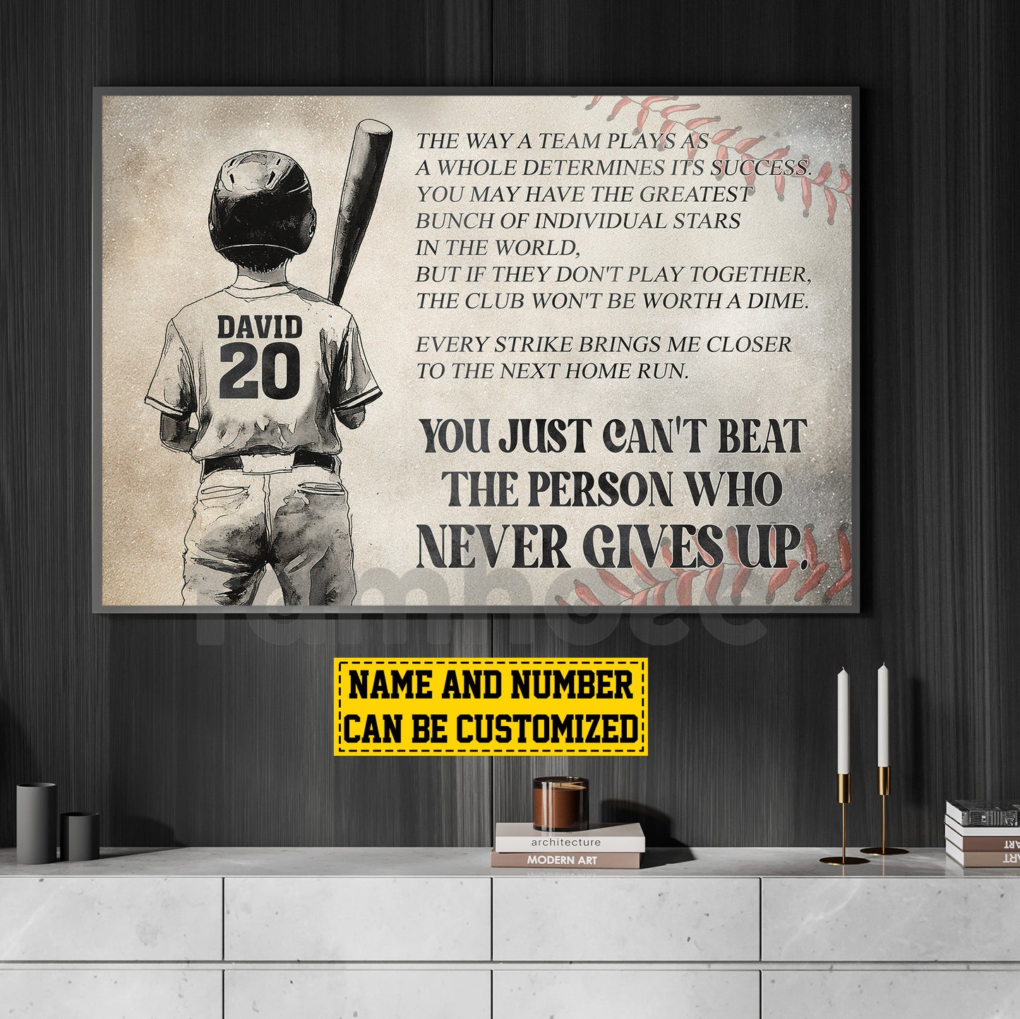 Motivational Personalized Baseball Boy Canvas Painting, The Person Who Never Gives Up Sport Wall Art Decor, Poster Gift For Baseball Lovers