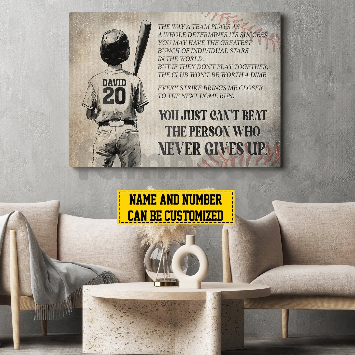 Motivational Personalized Baseball Boy Canvas Painting, The Person Who Never Gives Up Sport Wall Art Decor, Poster Gift For Baseball Lovers