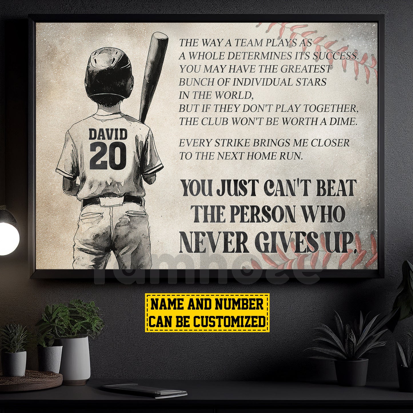 Motivational Personalized Baseball Boy Canvas Painting, The Person Who Never Gives Up Sport Wall Art Decor, Poster Gift For Baseball Lovers