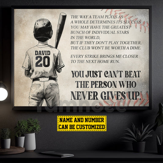 Motivational Personalized Baseball Boy Canvas Painting, The Person Who Never Gives Up Sport Wall Art Decor, Poster Gift For Baseball Lovers