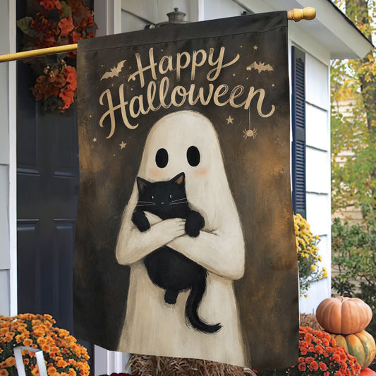 Vintage Halloween Ghost & Black Cat Garden & House Flag, Happy Halloween Yard Flag, Spooky Season Gift For Ghost Lover