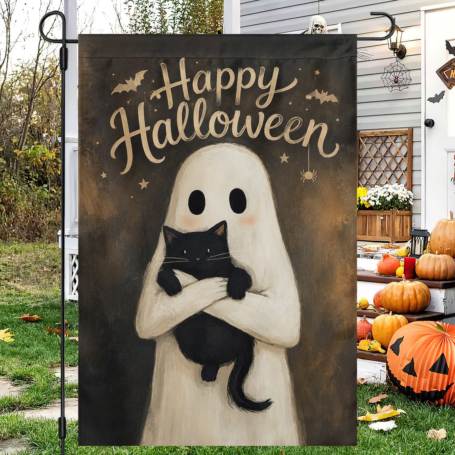 Vintage Halloween Ghost & Black Cat Garden & House Flag, Happy Halloween Yard Flag, Spooky Season Gift For Ghost Lover