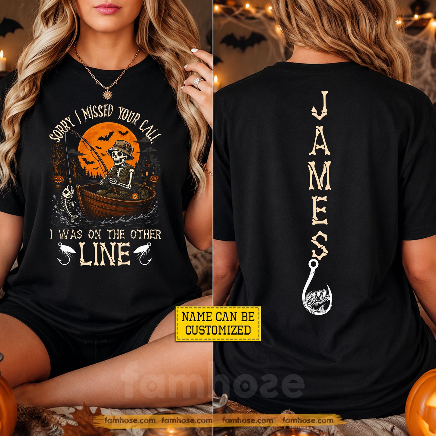 Funny Personalized Halloween Fishing Two-sided T-shirt, Sorry I Missed Your Call Tees Spooky Season Gift For Fishing Lover
