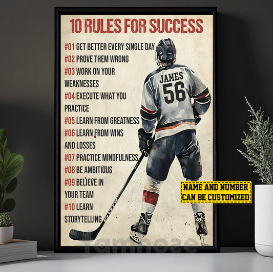 Motivational Personalized Hockey Man Canvas Painting, 10 Rules For Success Sport Wall Art Decor, Poster Gift For Hockey Lovers