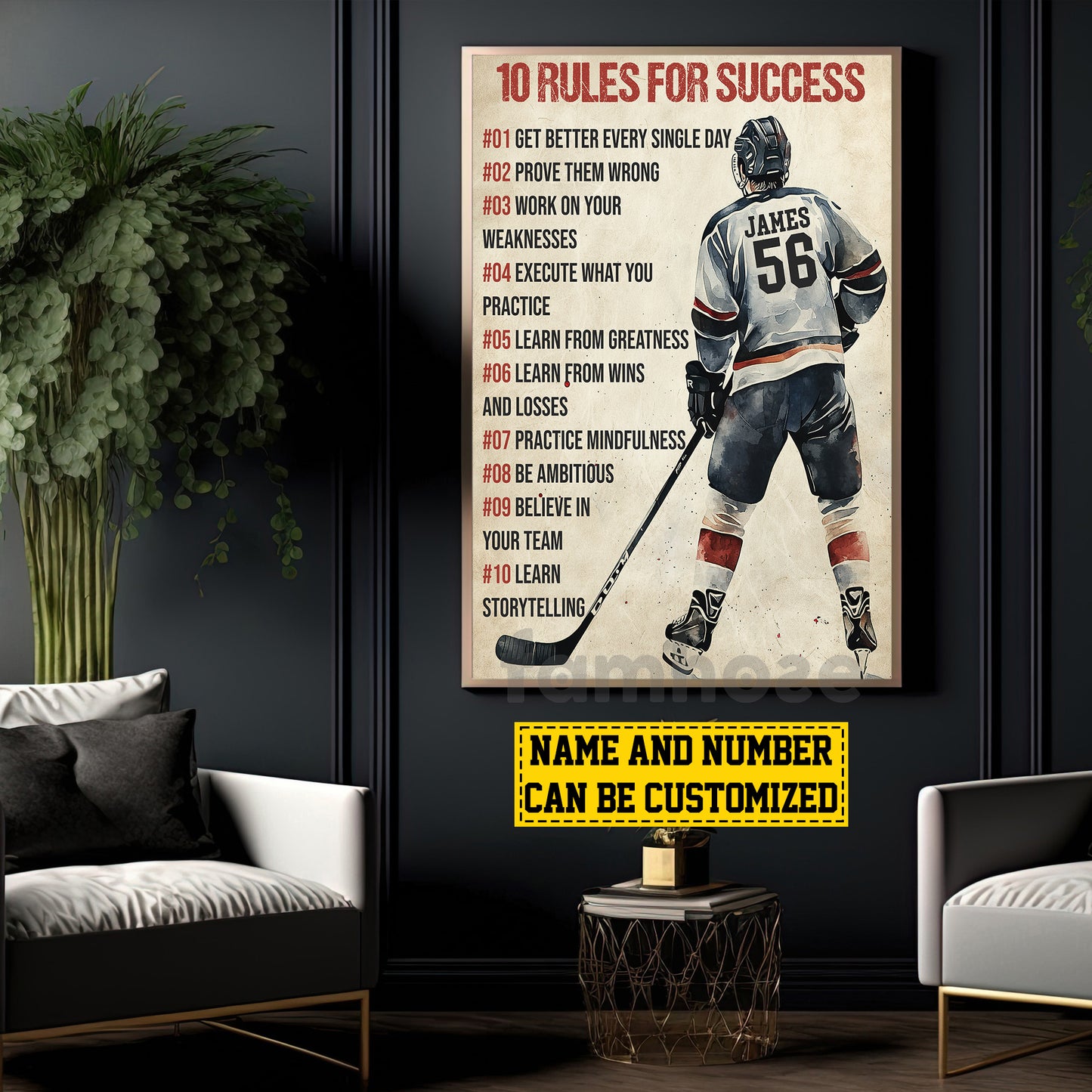 Motivational Personalized Hockey Man Canvas Painting, 10 Rules For Success Sport Wall Art Decor, Poster Gift For Hockey Lovers