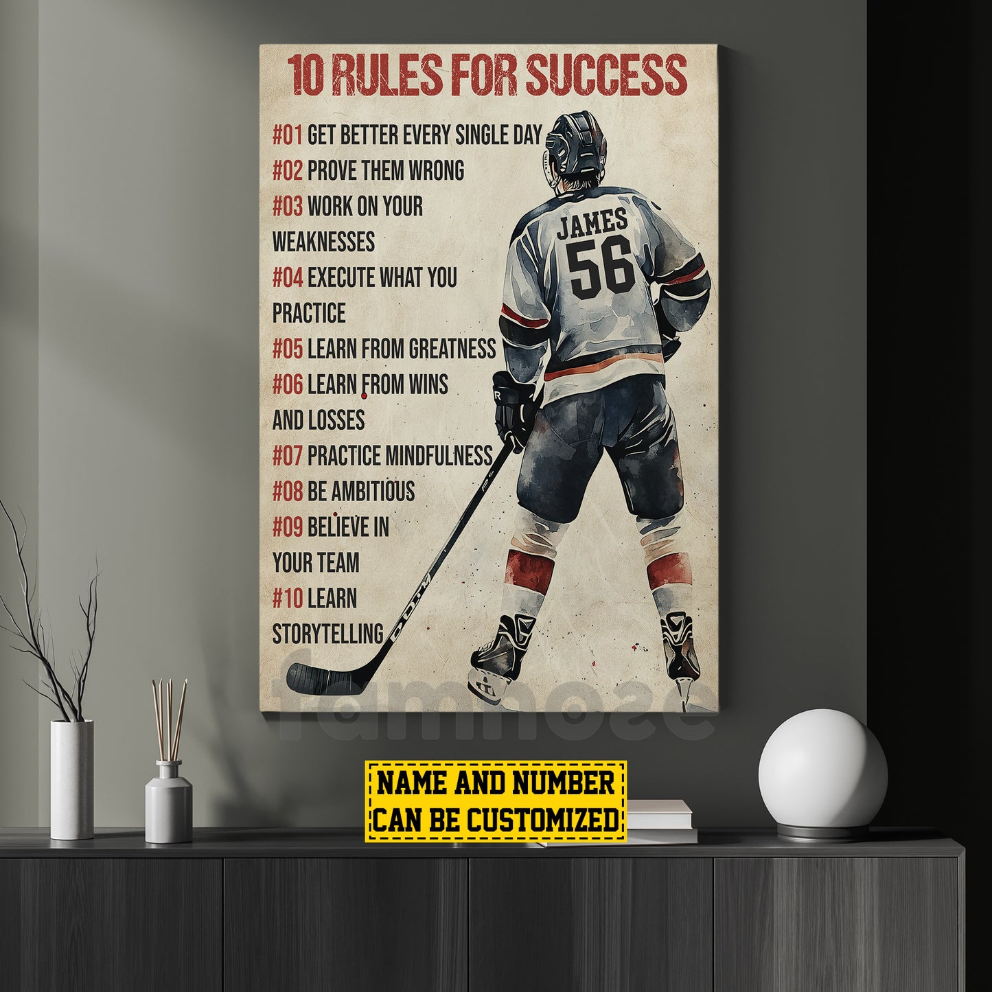 Motivational Personalized Hockey Man Canvas Painting, 10 Rules For Success Sport Wall Art Decor, Poster Gift For Hockey Lovers