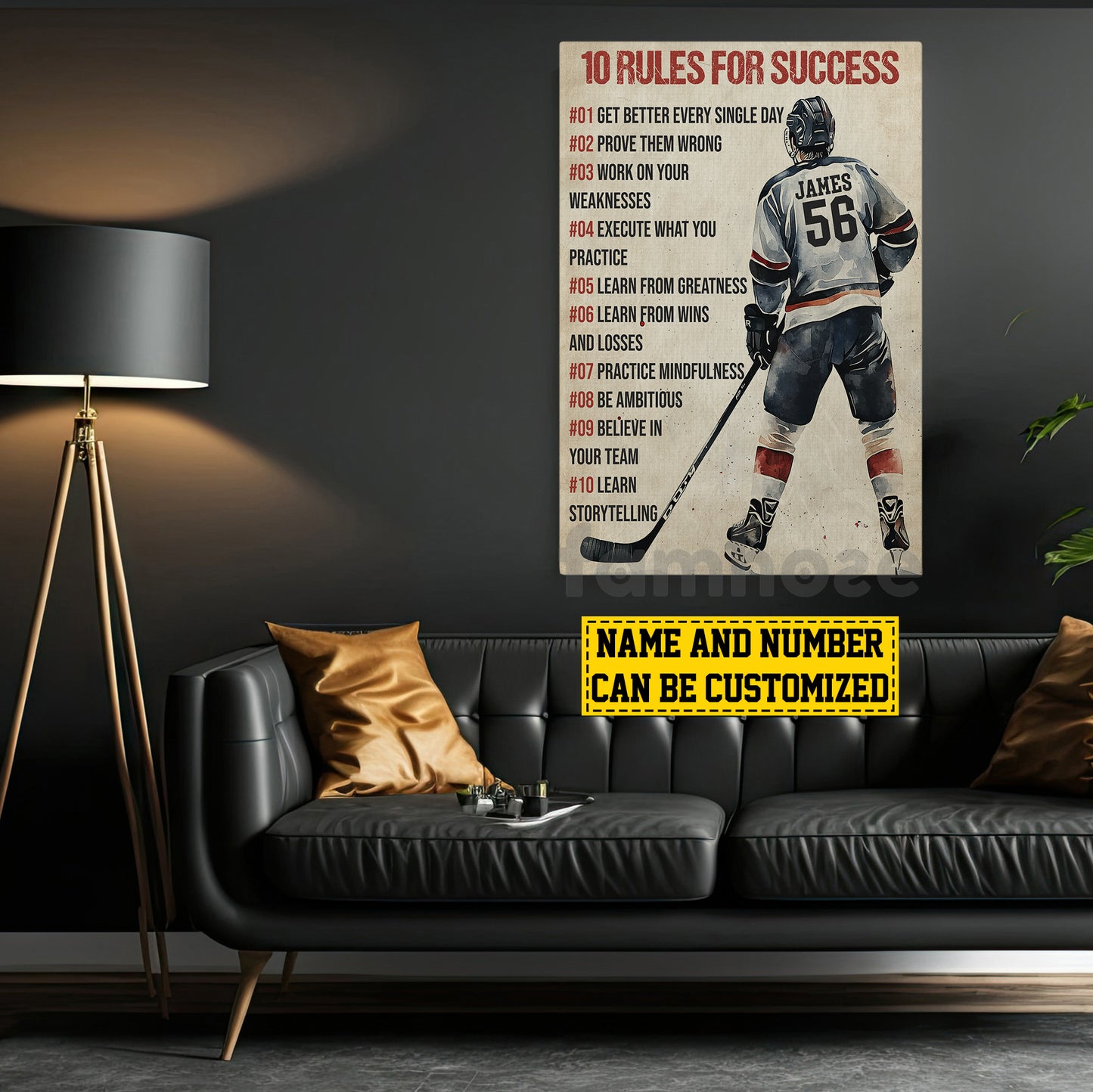 Motivational Personalized Hockey Man Canvas Painting, 10 Rules For Success Sport Wall Art Decor, Poster Gift For Hockey Lovers