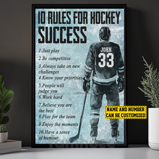 Motivational Personalized Hockey Man Canvas Painting, 10 Rules For Hockey Success Sport Wall Art Decor, Poster Gift For Hockey Lovers