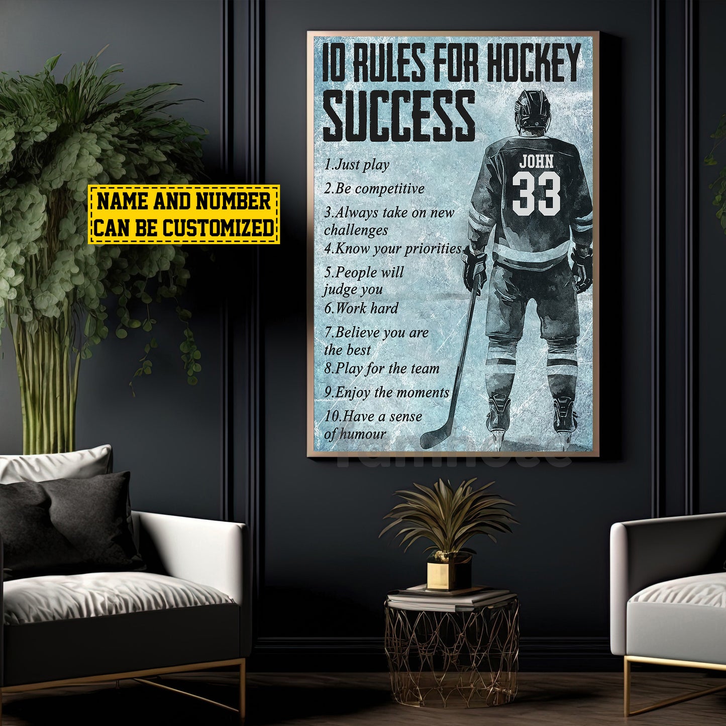 Motivational Personalized Hockey Man Canvas Painting, 10 Rules For Hockey Success Sport Wall Art Decor, Poster Gift For Hockey Lovers