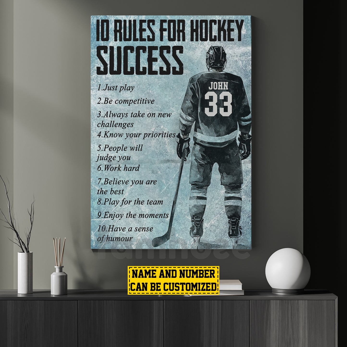 Motivational Personalized Hockey Man Canvas Painting, 10 Rules For Hockey Success Sport Wall Art Decor, Poster Gift For Hockey Lovers
