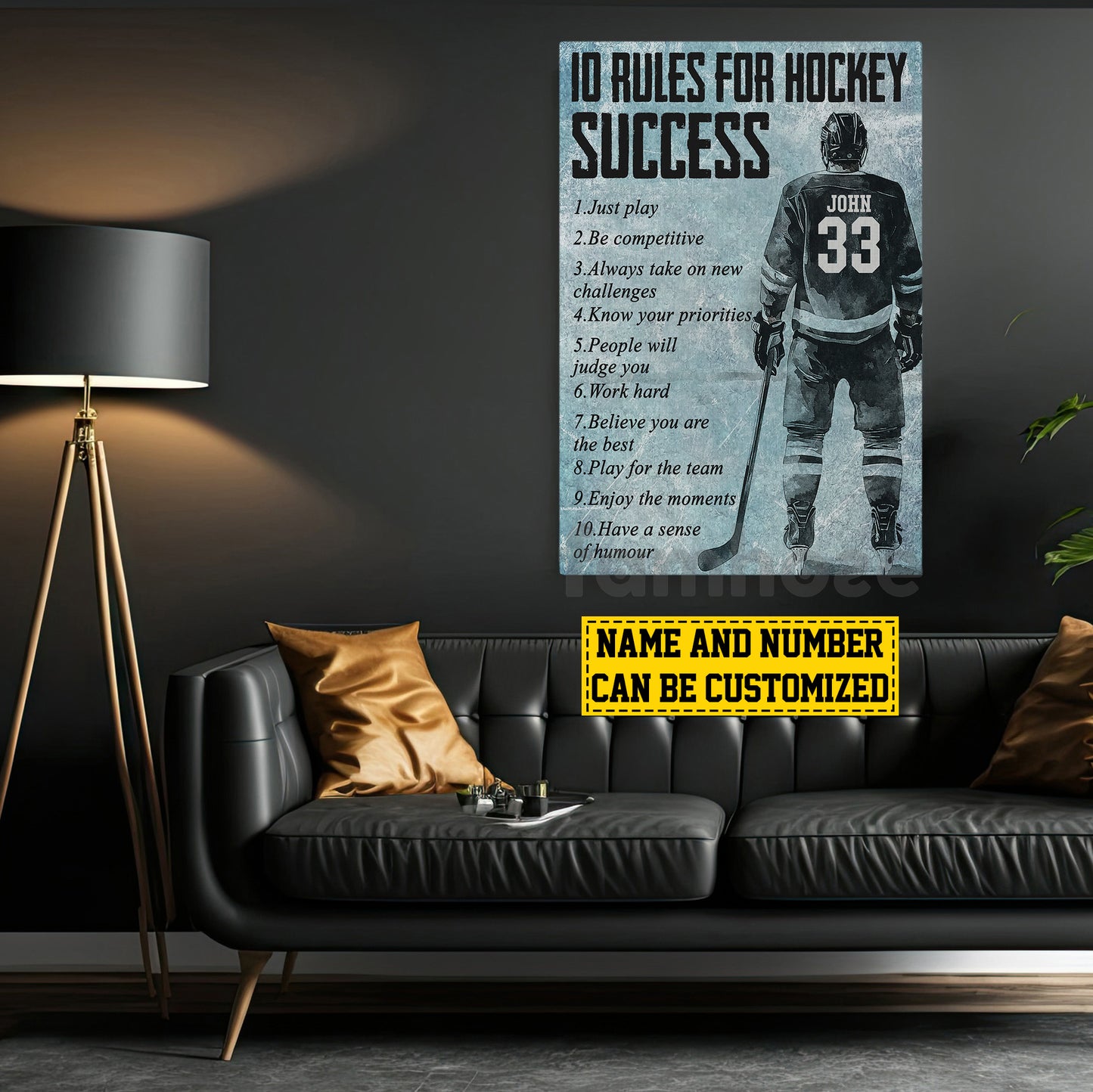 Motivational Personalized Hockey Man Canvas Painting, 10 Rules For Hockey Success Sport Wall Art Decor, Poster Gift For Hockey Lovers