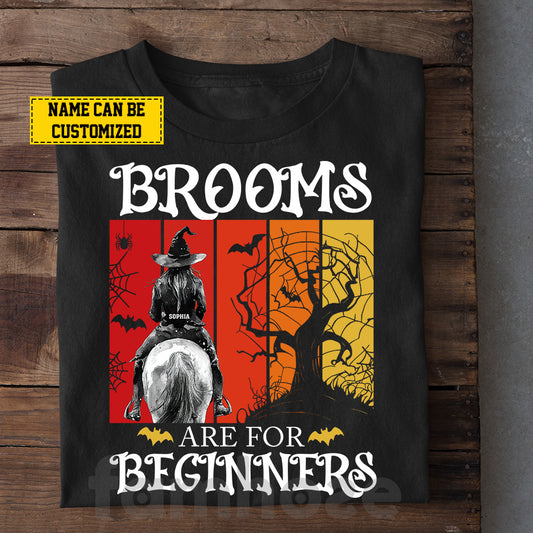 Funny Personalized Horse Riding Witch T-shirt, Brooms Are For Beginners Tees Spooky Season Gift For Horse Girl
