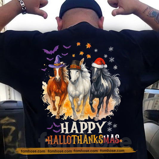 Horse Backside T-shirt, Happy Halloween Thanksgiving Christmas Horse Tees, 3 Seasons in 1 Gift For Horse Lovers