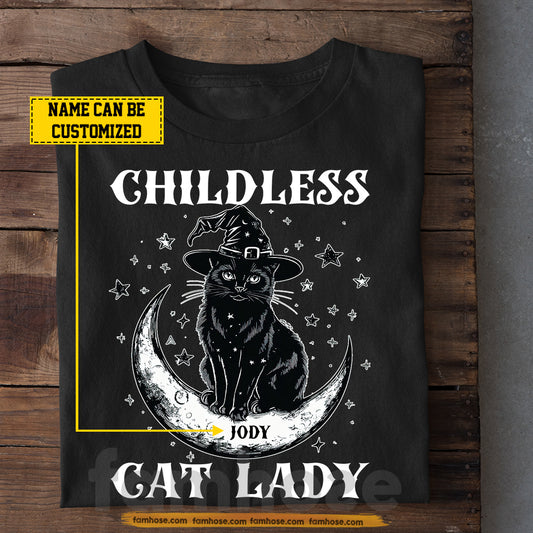 Personalized Halloween Black Cat T-shirt, Childless Cat Lady Tees Spooky Season Gift For Cat Lovers