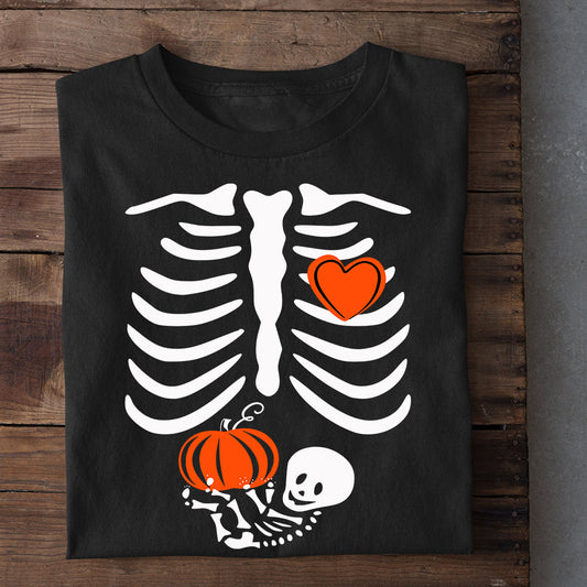 Halloween T-shirt, Human Skeleton Under A Pumpkin, T-shirt Gift For Halloween Costume, Halloween Tees