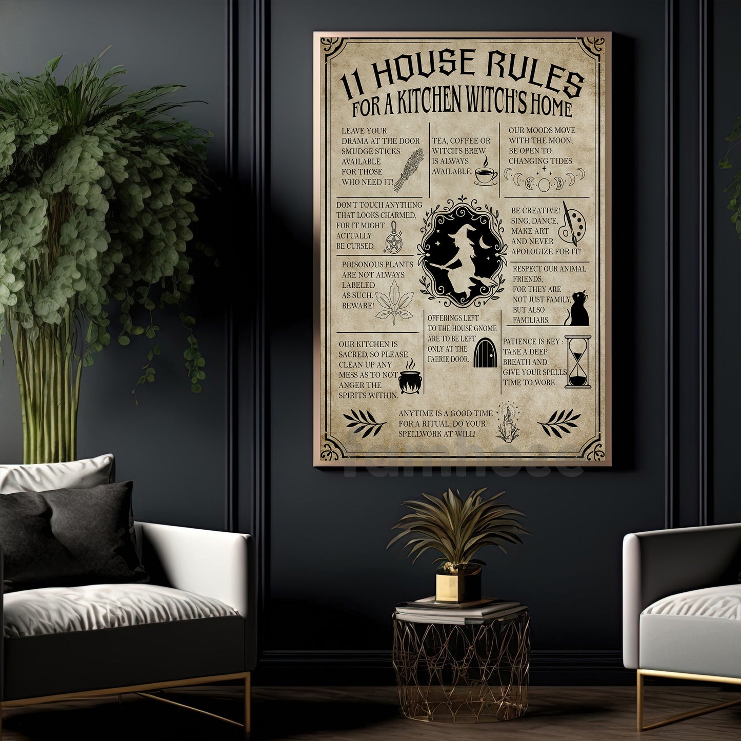Funny Halloween Witch Canvas Painting, 11 House Rules Wall Art Decor, Spooky Season Poster Gift For Witch Lovers