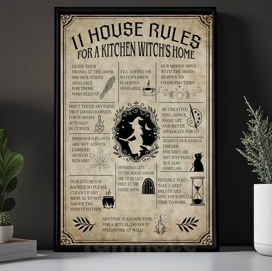 Funny Halloween Witch Canvas Painting, 11 House Rules Wall Art Decor, Spooky Season Poster Gift For Witch Lovers