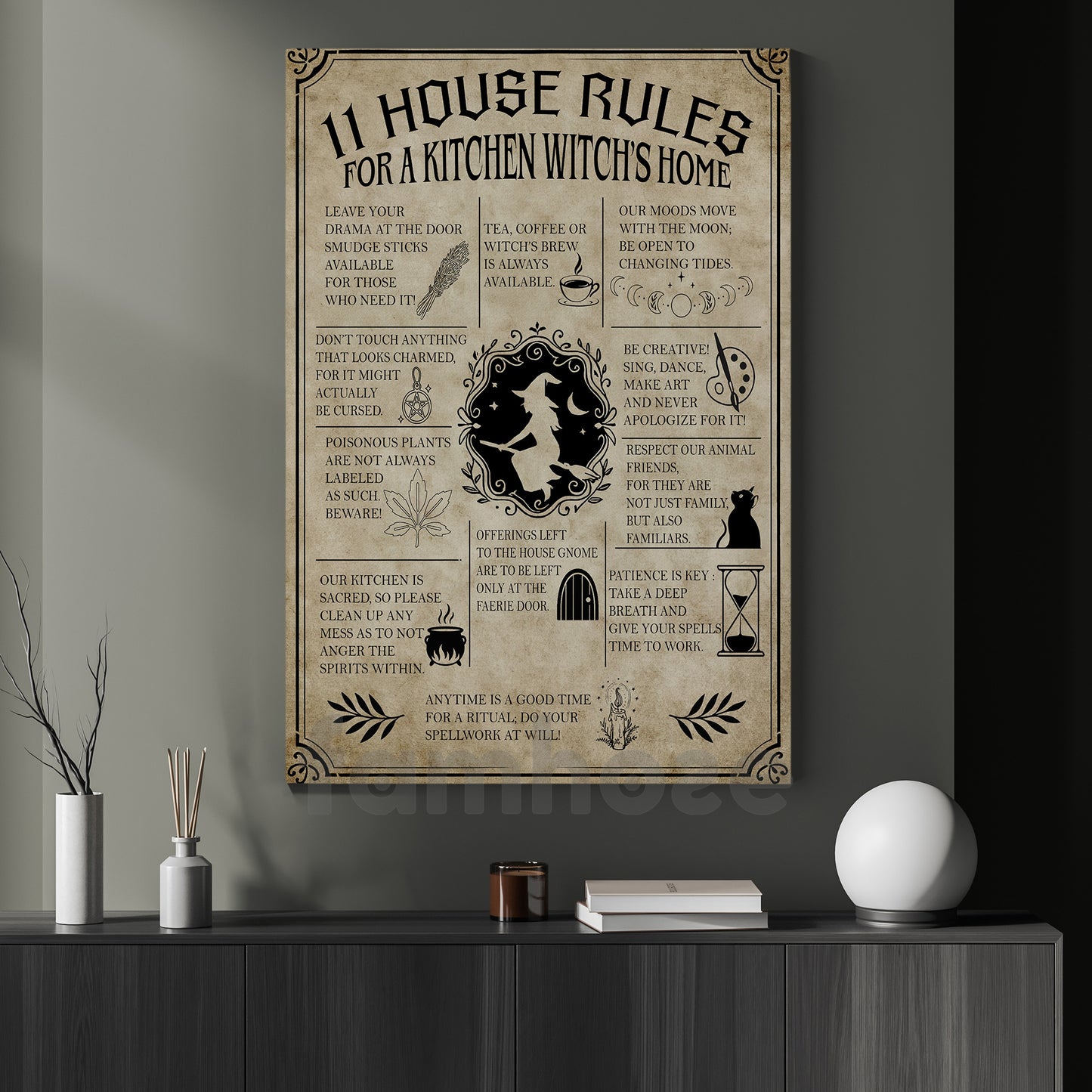 Funny Halloween Witch Canvas Painting, 11 House Rules Wall Art Decor, Spooky Season Poster Gift For Witch Lovers