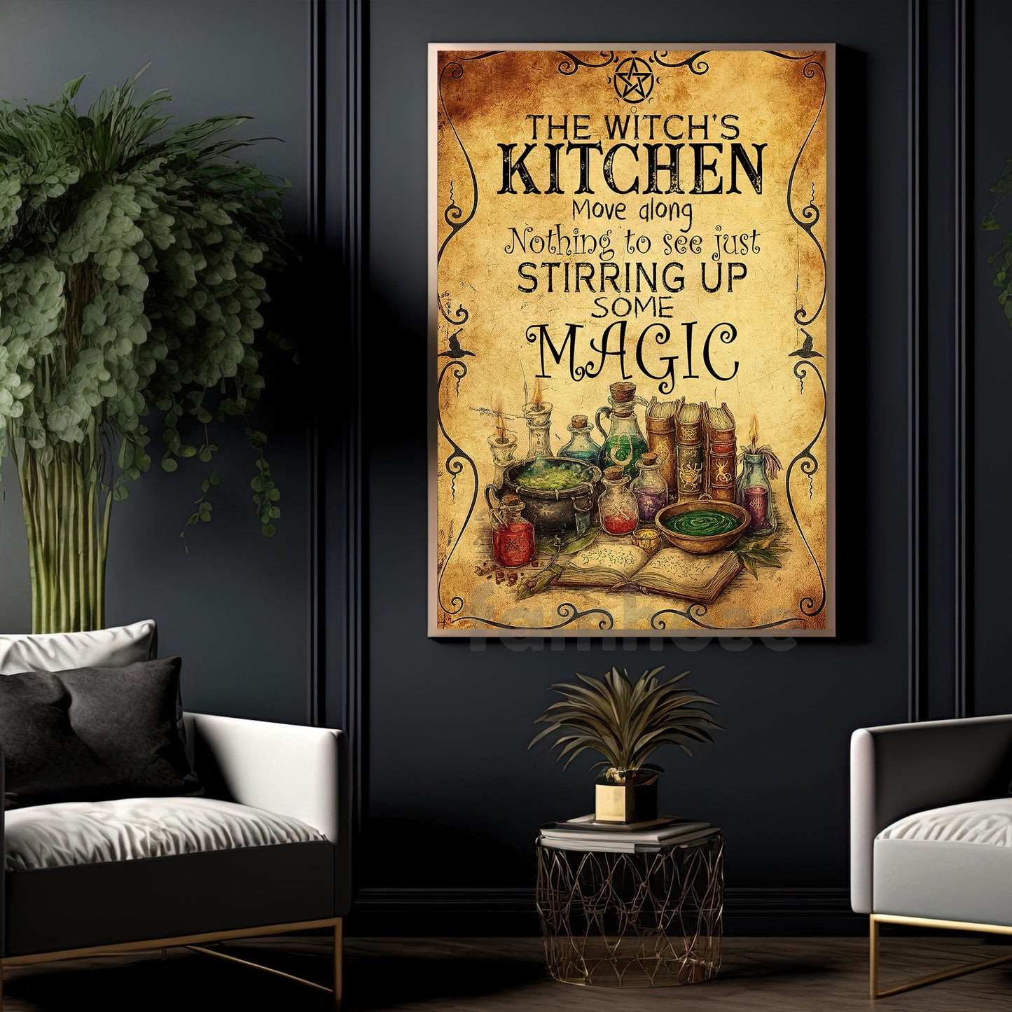 Funny Halloween Kitchen Canvas Painting, The Witch's Kitchen Wall Art Decor, Spooky Season Poster Gift For Witch Lovers