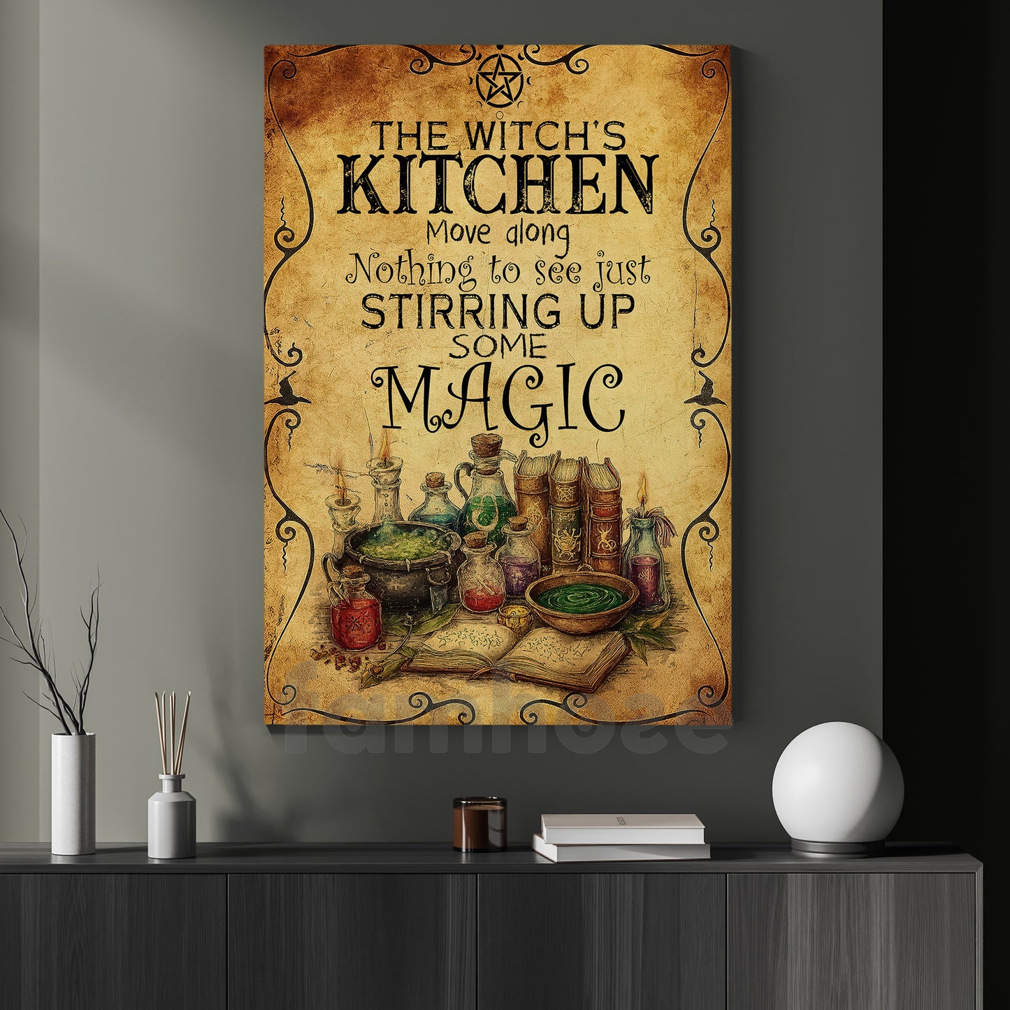 Funny Halloween Kitchen Canvas Painting, The Witch's Kitchen Wall Art Decor, Spooky Season Poster Gift For Witch Lovers