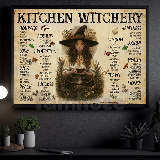 Halloween Kitchen Witch Canvas Painting, Kitchen Witchery Wall Art Decor, Spooky Season Poster Gift For Kitchen Lovers, Witch Lovers