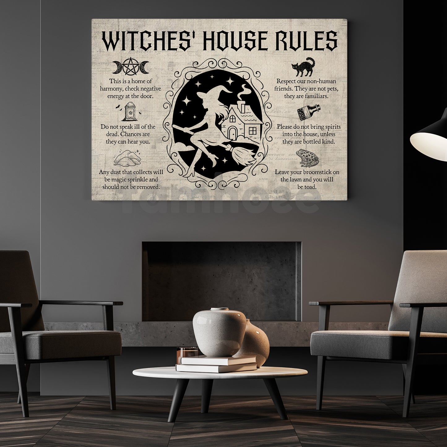 Funny Halloween Witch Canvas Painting, Witches House Rules Wall Art Decor, Spooky Season Poster Gift For Witch Lovers