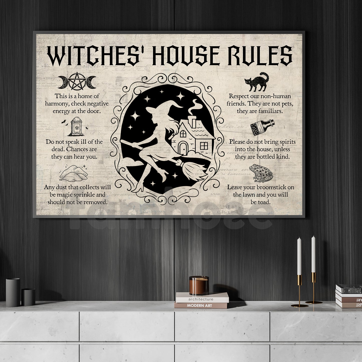 Funny Halloween Witch Canvas Painting, Witches House Rules Wall Art Decor, Spooky Season Poster Gift For Witch Lovers
