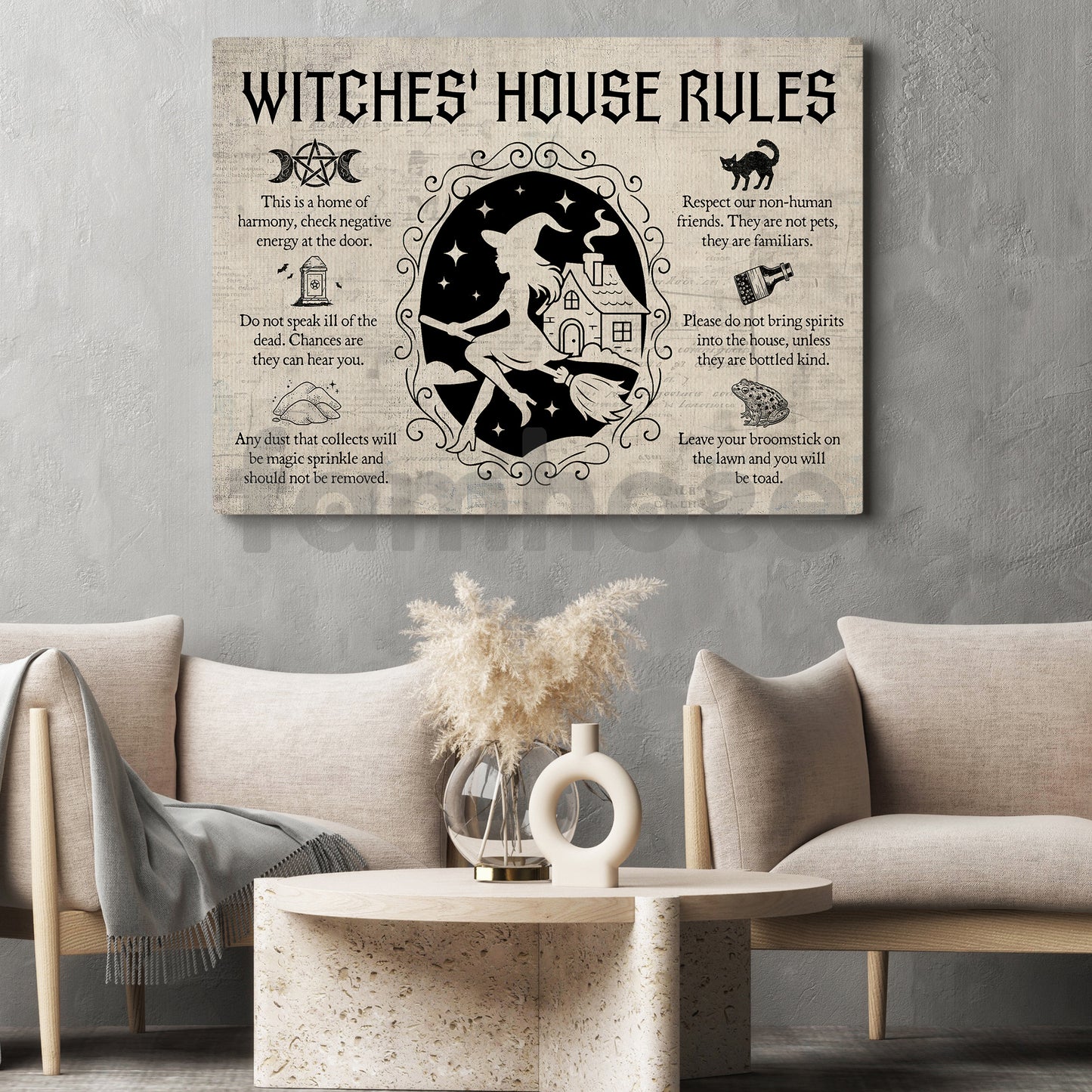 Funny Halloween Witch Canvas Painting, Witches House Rules Wall Art Decor, Spooky Season Poster Gift For Witch Lovers