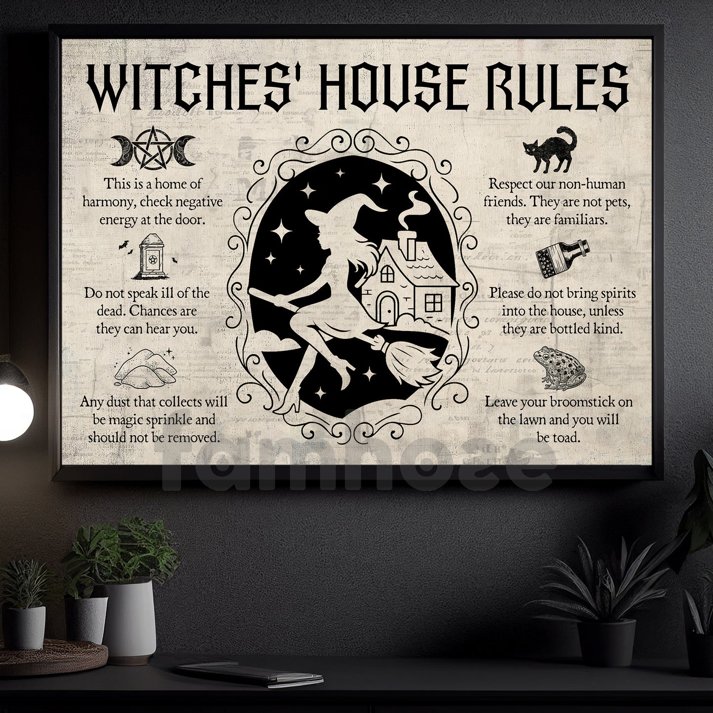 Funny Halloween Witch Canvas Painting, Witches House Rules Wall Art Decor, Spooky Season Poster Gift For Witch Lovers