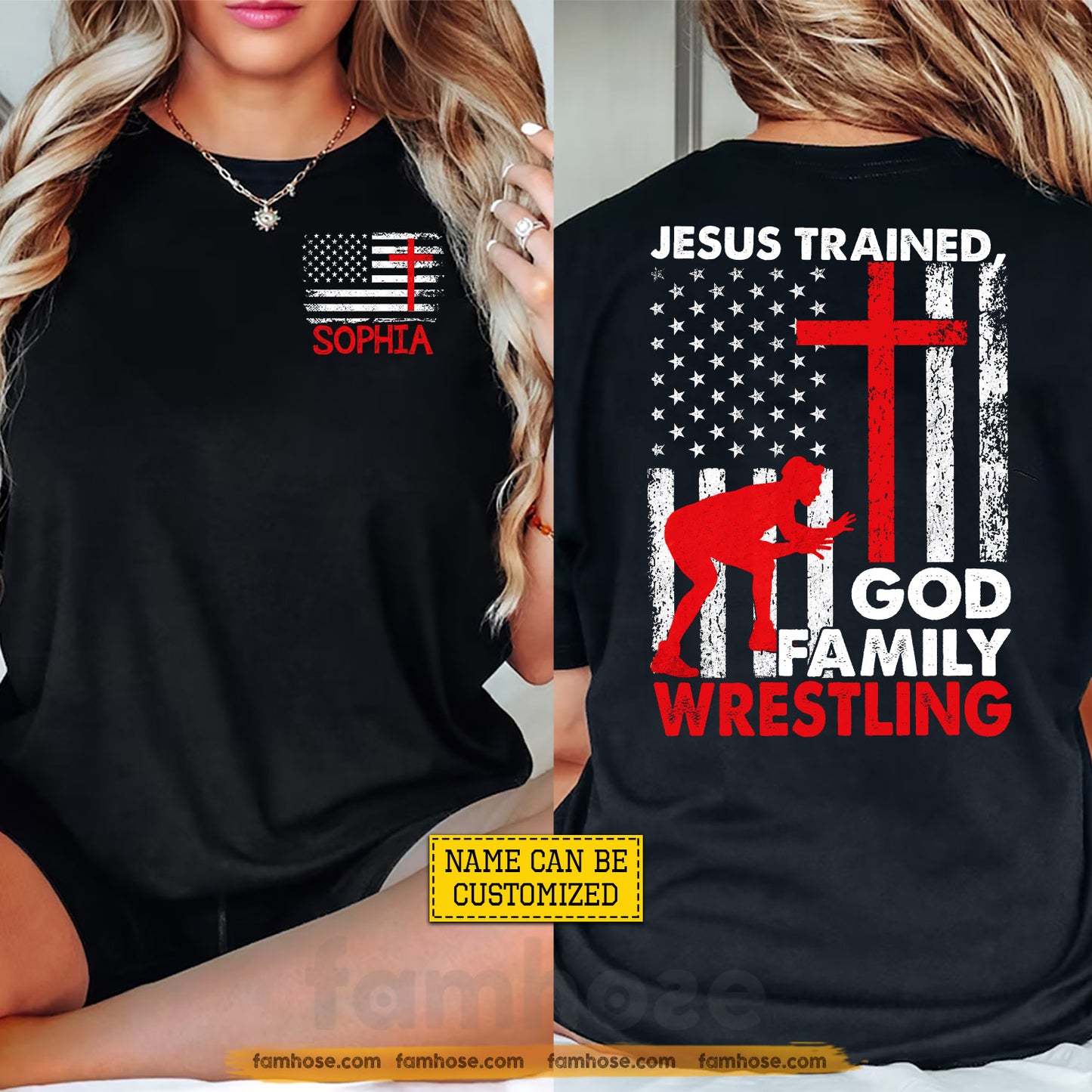 Personalized Wrestling USA Two-sided T-shirt, Jesus Trained God Family Wrestling Sport Tees Gift For Christians, Wrestling Lover